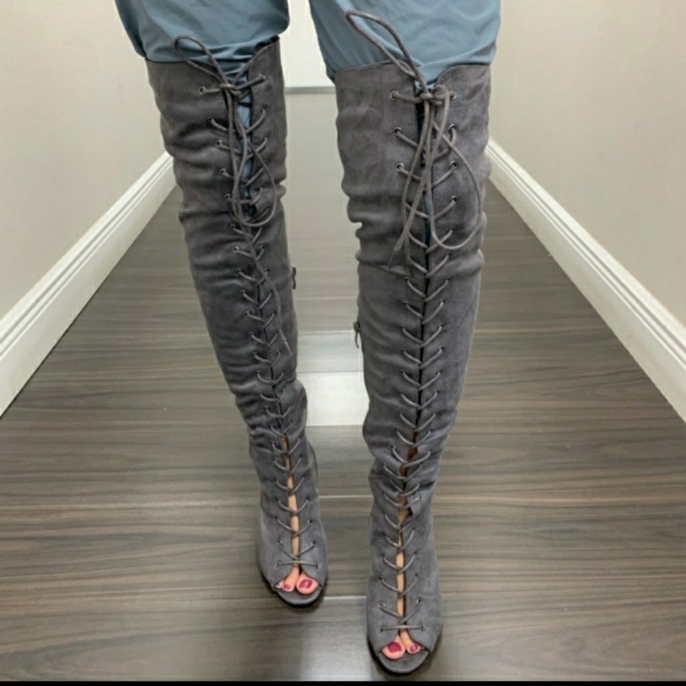 NEW! BETANI GREY FAUX SUEDE LACE UP BOOTS